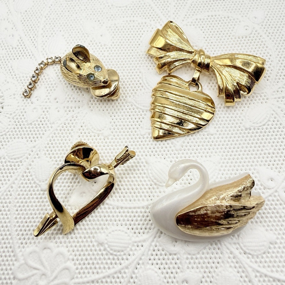 Vintage AVON Dainty Pin Brooch Lot of 4 Mouse Heart Swan Mom Dangle - Light Wear